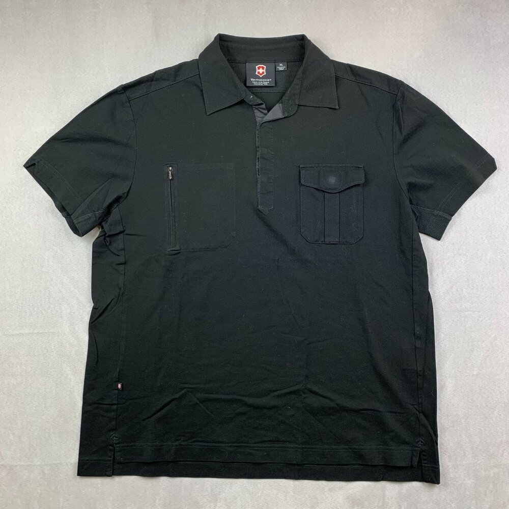 Victorinox Mens Shirt XL Black Polo Pique Knit Zipper Magnet Pockets Swiss Army